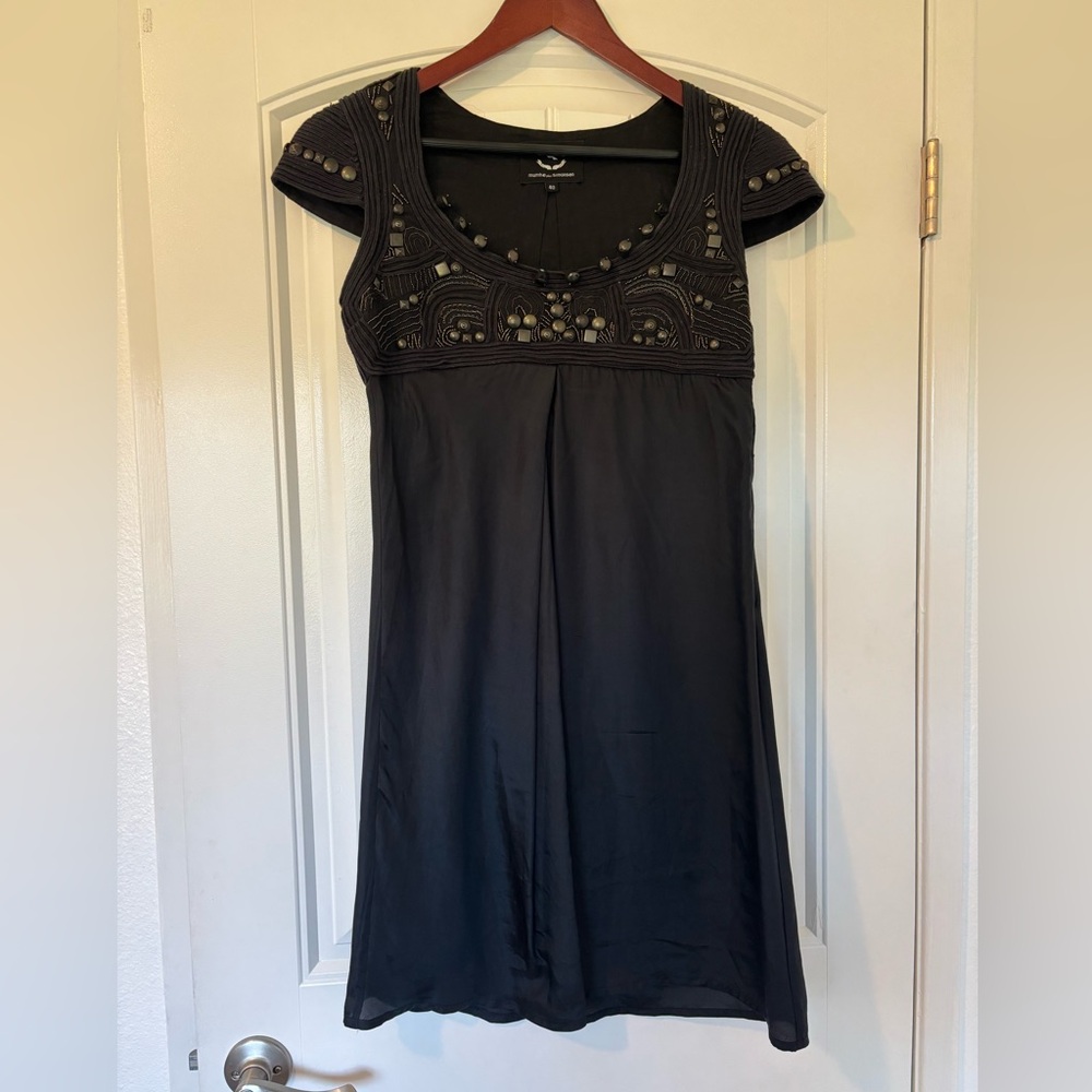 Munthe plus Simonsen Black Silk Short-Sleeve Embellished Mini Dress Sz 40